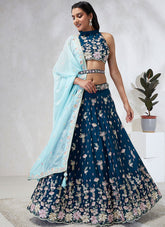 Teal Poly Georgette Lehenga with Embellishments Of Printing and Swarovski