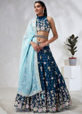 Teal Poly Georgette Lehenga with Embellishments Of Printing and Swarovski