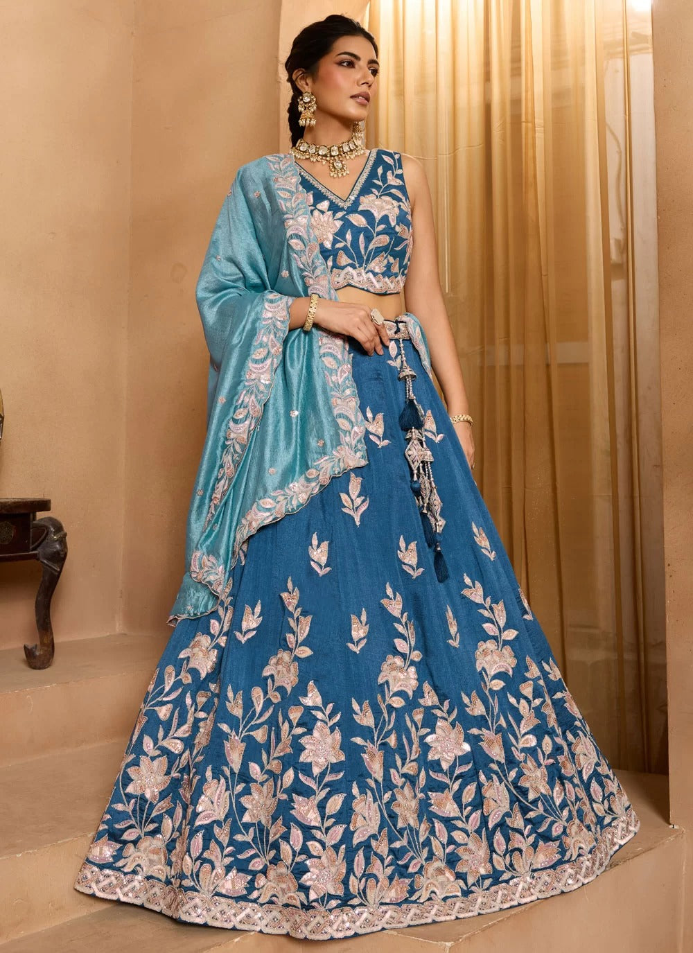 Teal silk embroidered wedding lehenga choli with heavy work