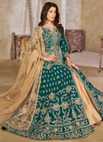 Net dupatta styled with teal slit style anarkali suit