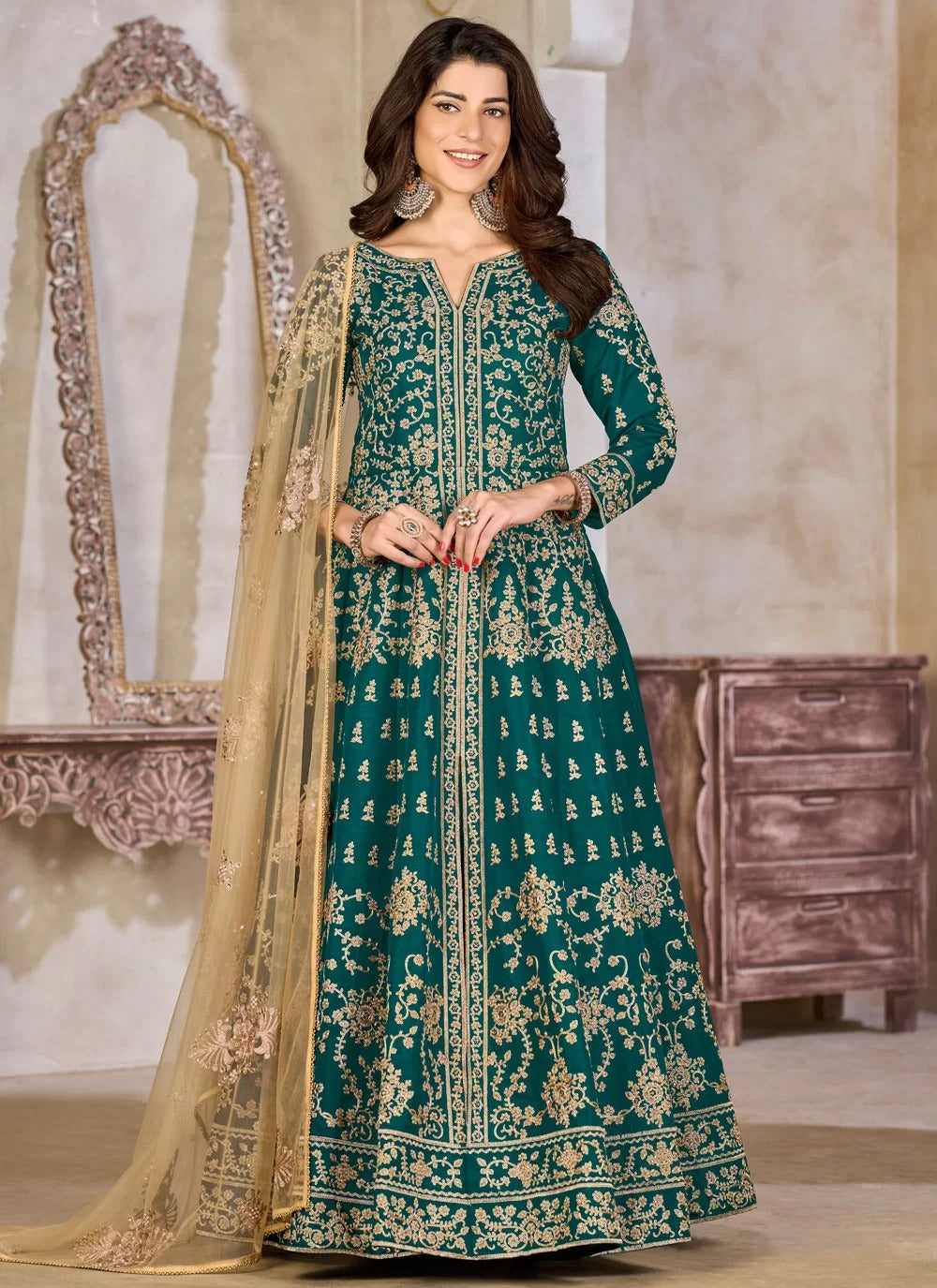 Teal art silk slit style anarkali suit with festive embroidery