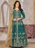 Teal art silk slit style anarkali suit with festive embroidery