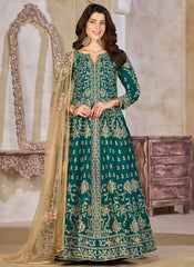 Teal art silk slit style anarkali suit with festive embroidery