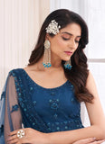 Teal Soft Net Bridal Lehenga Choli with Dori and Zarkan Work
