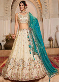 Teal Tissue Bridesmaid Lehenga with Moti, Sequin & Thread Embroidery Work