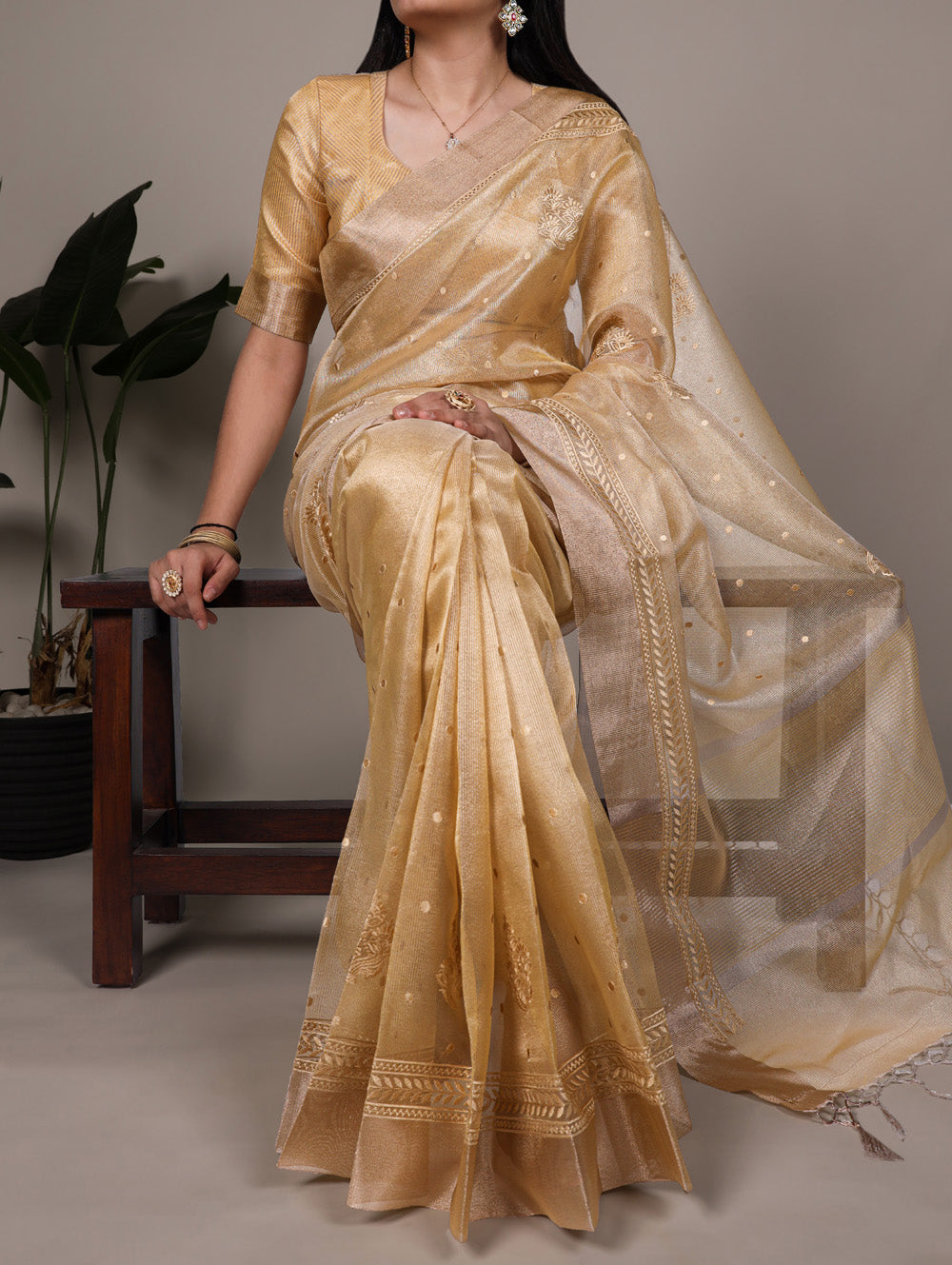 Yellow poly shimmer thread embroidery saree