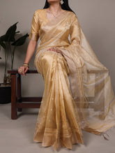Yellow poly shimmer thread embroidery saree
