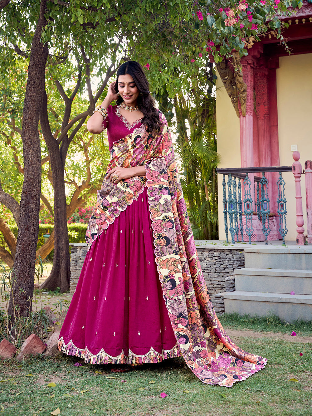 Rose pink Vichitra silk lehenga with Kalamkari border