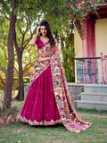 Rose pink Vichitra silk lehenga with Kalamkari border