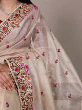 Floral thread embroidered cream saree