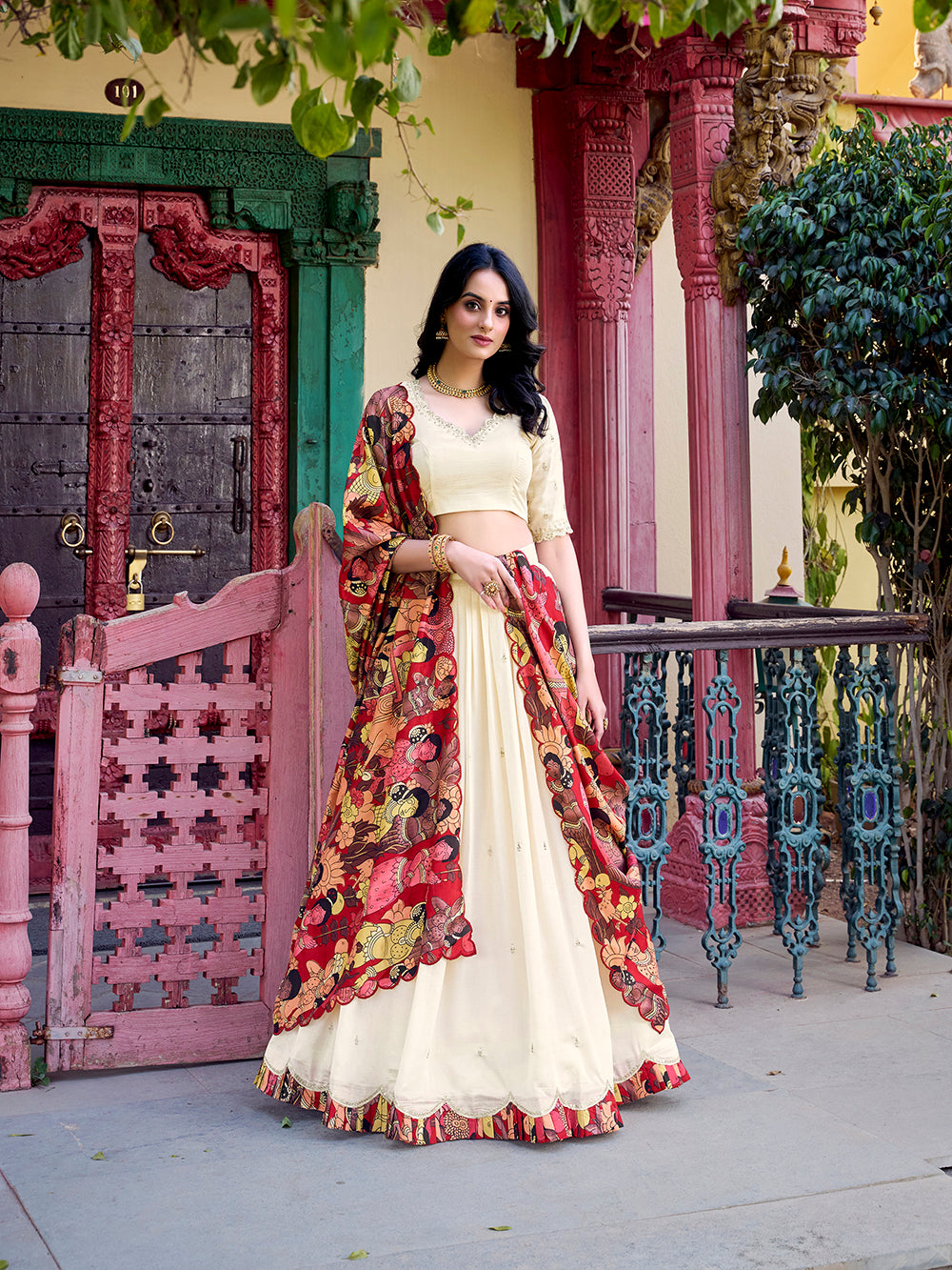 Vichitra silk stitched lehenga with Kalamkari border