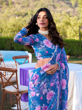 Blue marble printed saree with pearl lace border