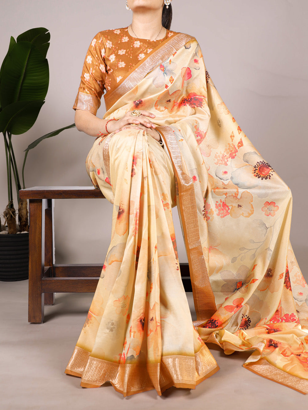Cream tussar silk floral printed saree