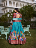 Firozi Color Printed (Kalamkari) With Zari Weaving Border Dola Silk Lehenga Choli