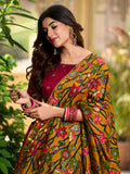 Red Color Kalamkari Print With Foil Work Tasar Silk Lehenga Choli