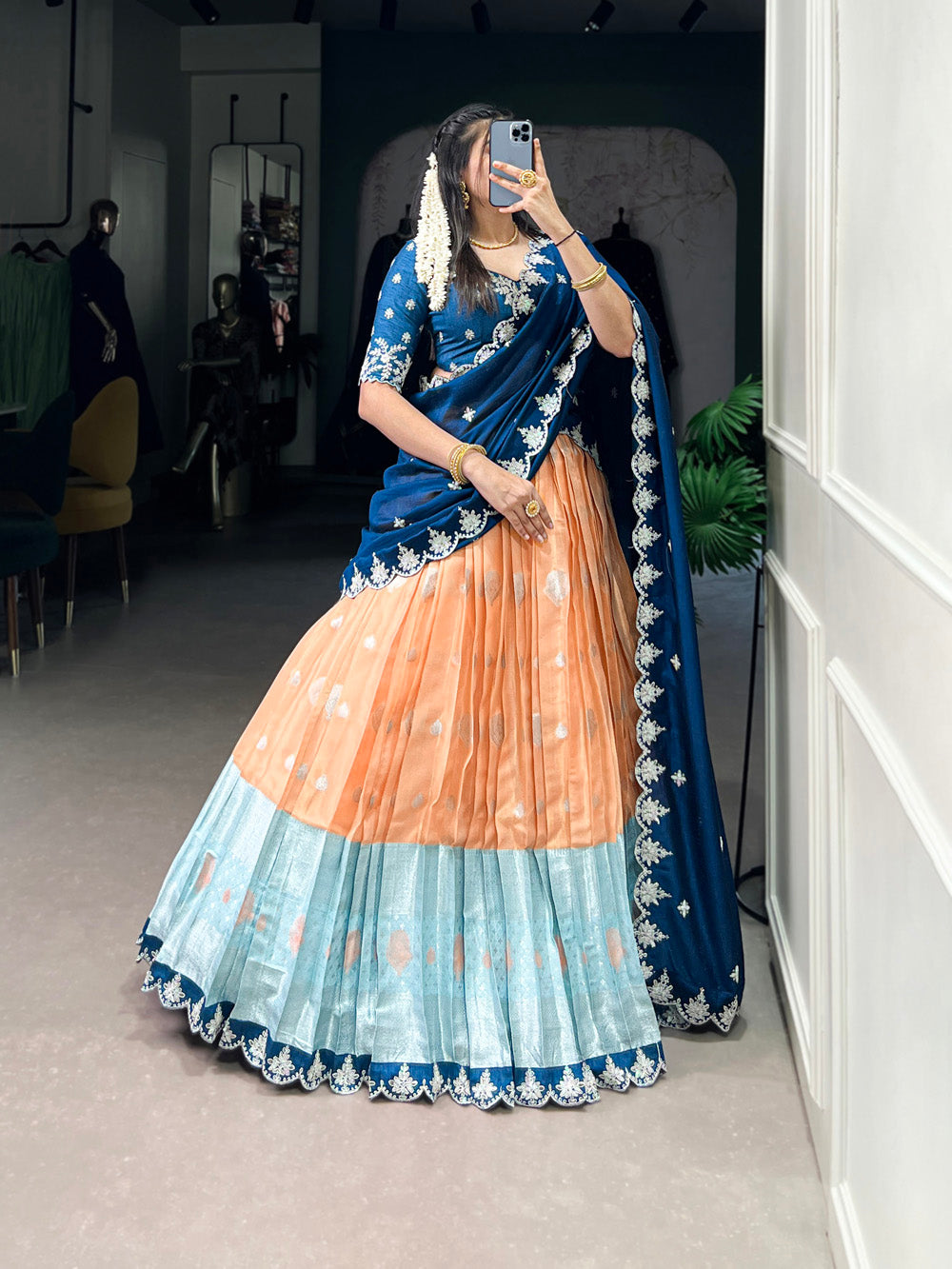 Orange zari kota embroidered lehenga choli