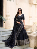 Black Chanderi silk lehenga choli with zari work and dupatta for festive occasions