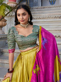 Mustard Color Kalamkari With Foil Work Tussar Silk Lehenga Choli