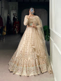 Cream Embroidered Net Lehenga Choli