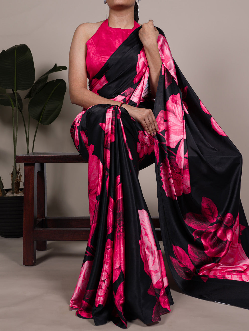 Pink floral printed satin silk saree