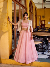 Pastel pink Allen crush chaniya choli with embroidered koti