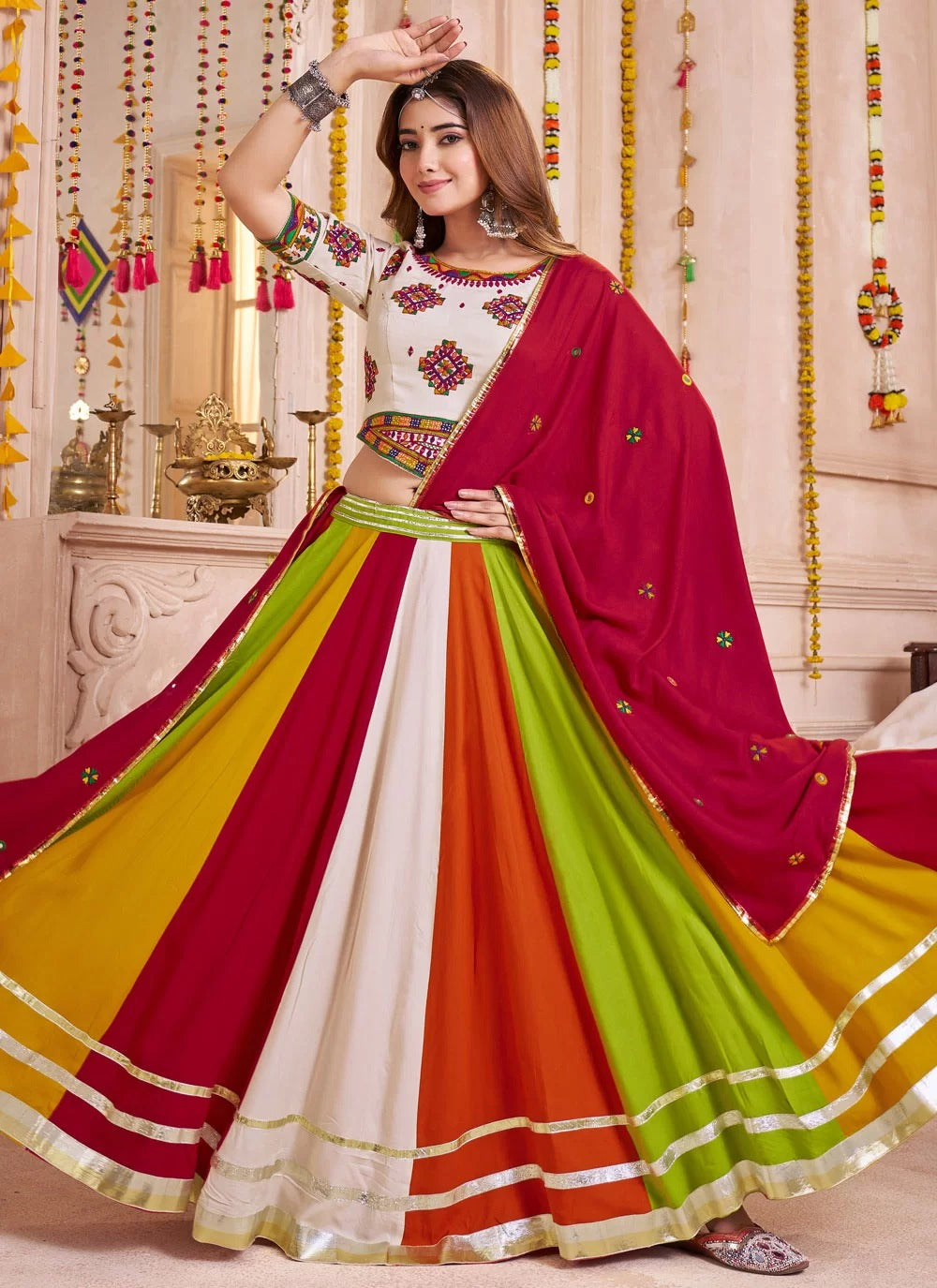 Multicolor Navratri lehenga choli with beige blouse and red dupatta