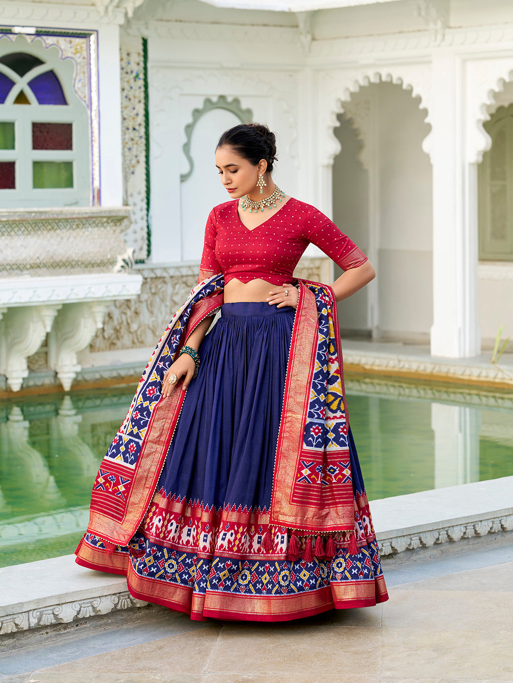 Navy blue Tasar silk lehenga choli with Ikkat Patola print