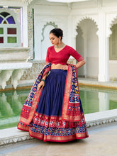 Navy blue Tasar silk lehenga choli with Ikkat Patola print