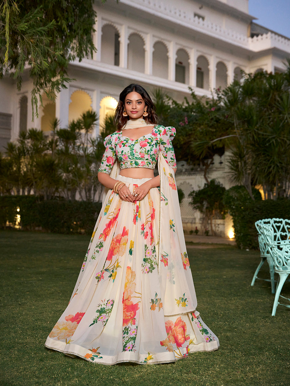 Cream georgette floral print lehenga