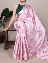 Light pink satin silk floral printed saree