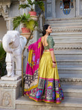 Mustard Color Kalamkari With Foil Work Tussar Silk Lehenga Choli