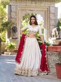 Off white Color Sequins And Thread Embroidery Work Vichitra Silk Lehenga Choli