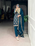 Teal Color Printed With Sequins and Thread Embroidery Work Rayon Salwar Suit