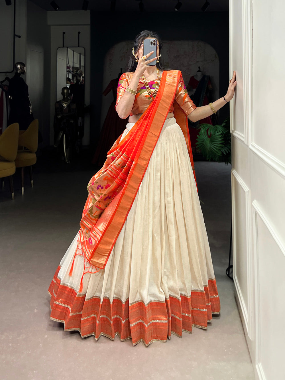 White vichitra silk South Indian lehenga choli