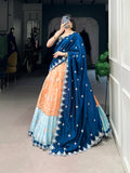 Orange lehenga with blue vichitra silk dupatta