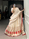 Red Color Mirror And Bids (Moti) Handwork Shimmer With Weaving Work Lehenga Choli
