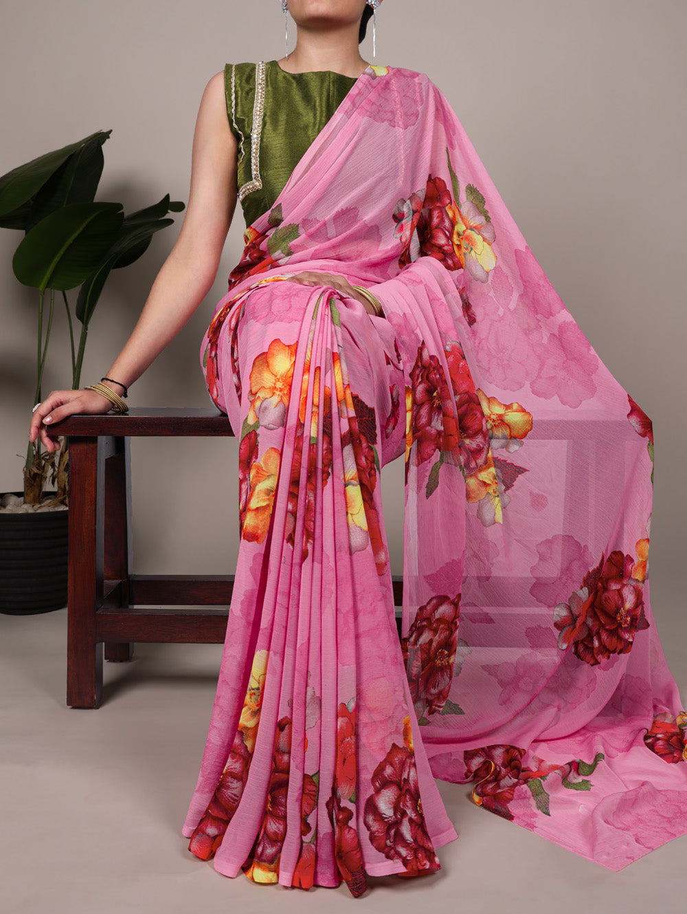 Pink floral print chiffon saree