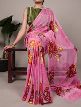 Pink floral print chiffon saree