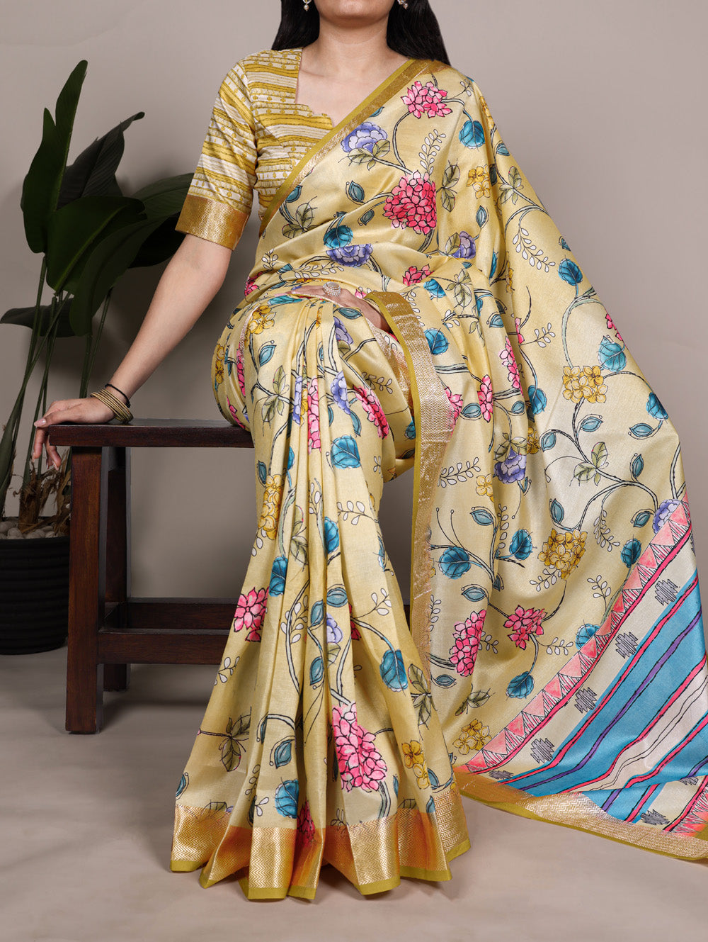 Lemon floral printed Tasar silk saree