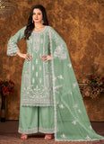 Trendy Green Net Embroidered Palazzo Style Suit For Women