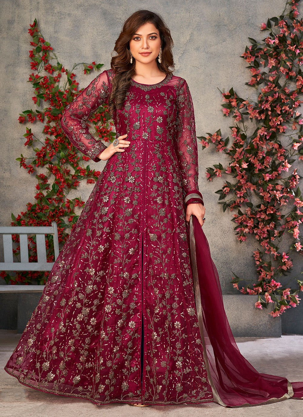 Trendy Maroon Embroidered Slit Style Anarkali Suit In Net