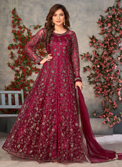 Trendy Maroon Embroidered Slit Style Anarkali Suit In Net