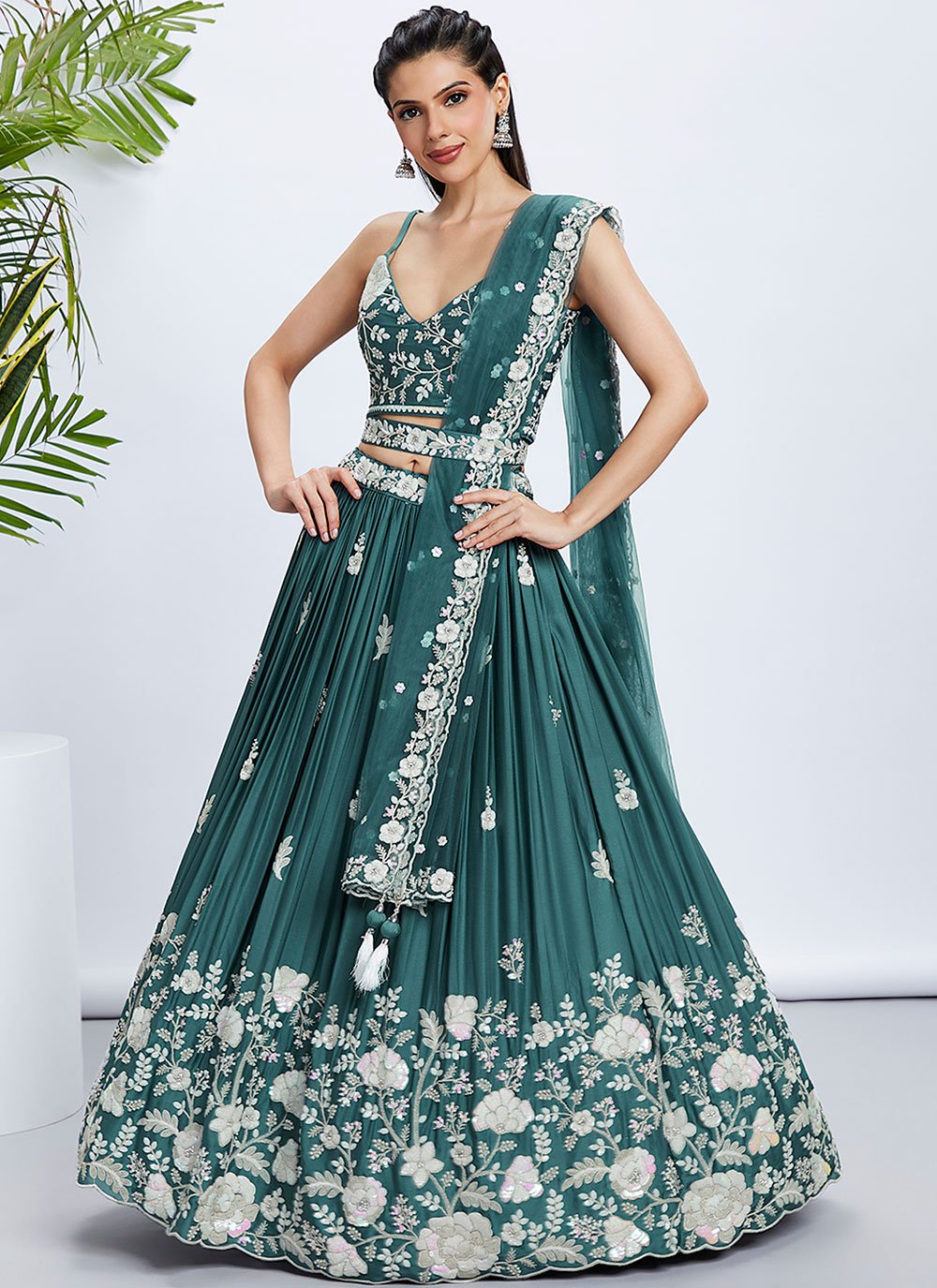 Trendy Poly Georgette Sequins And Thread Embroidery Lehenga