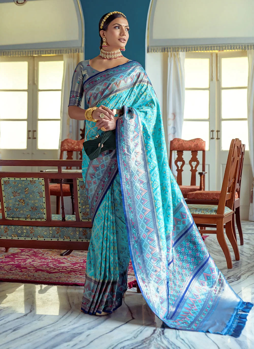 Turquoise Blue Banarasi Silk Patola Saree With Blouse Piece