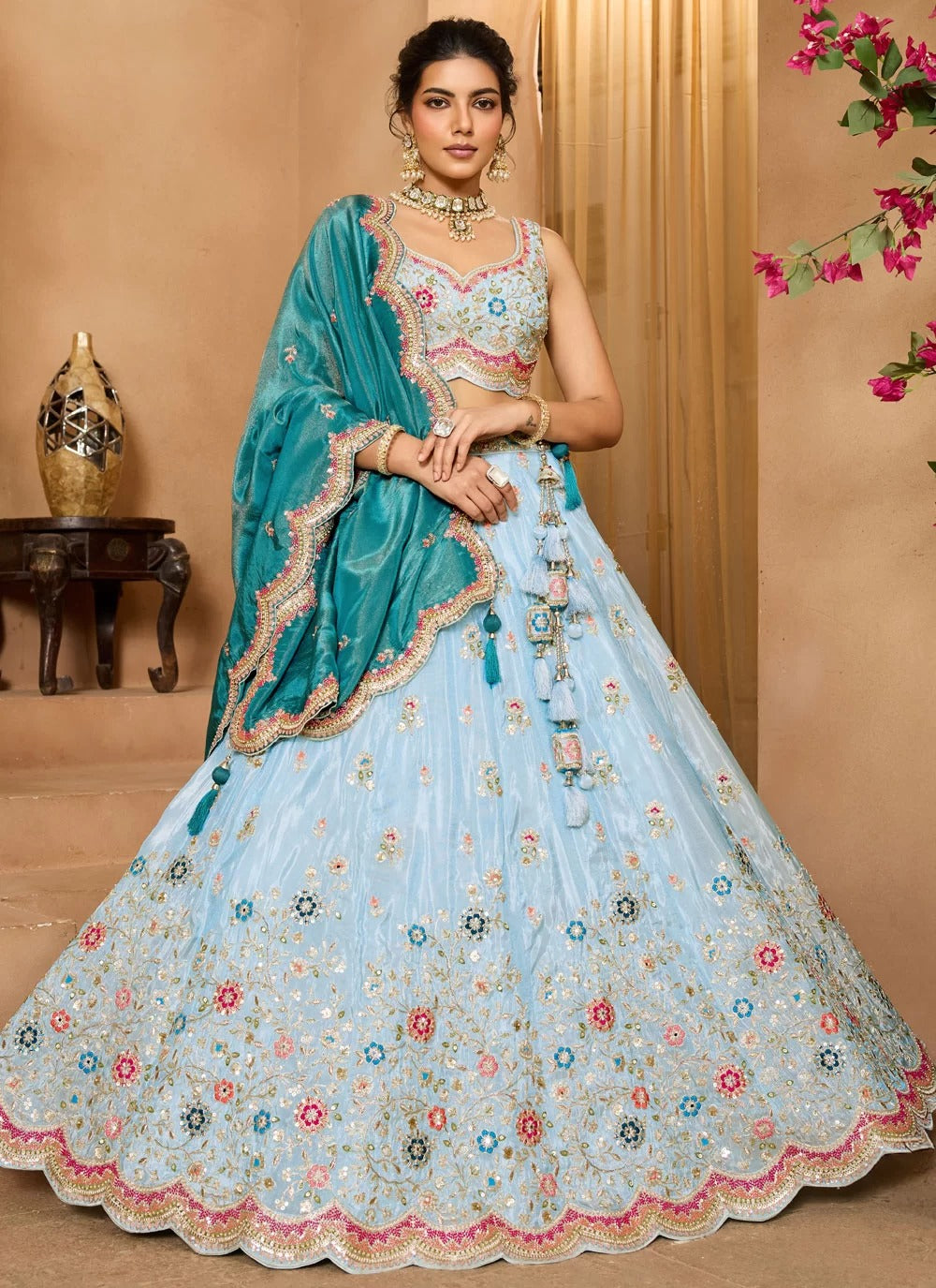 Party Wear Lehenga | Turquoise Blue Tissue Lehenga with Beads & Sequin Work