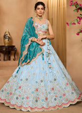 Party Wear Lehenga | Turquoise Blue Tissue Lehenga with Beads & Sequin Work