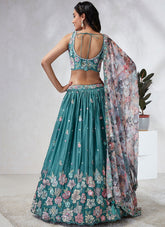 Turquoise Blue Poly Georgette Lehenga Choli Set with Sequins and Thread Embroidery