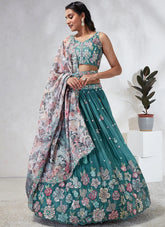 Turquoise Blue Poly Georgette Lehenga Choli Set with Sequins and Thread Embroidery