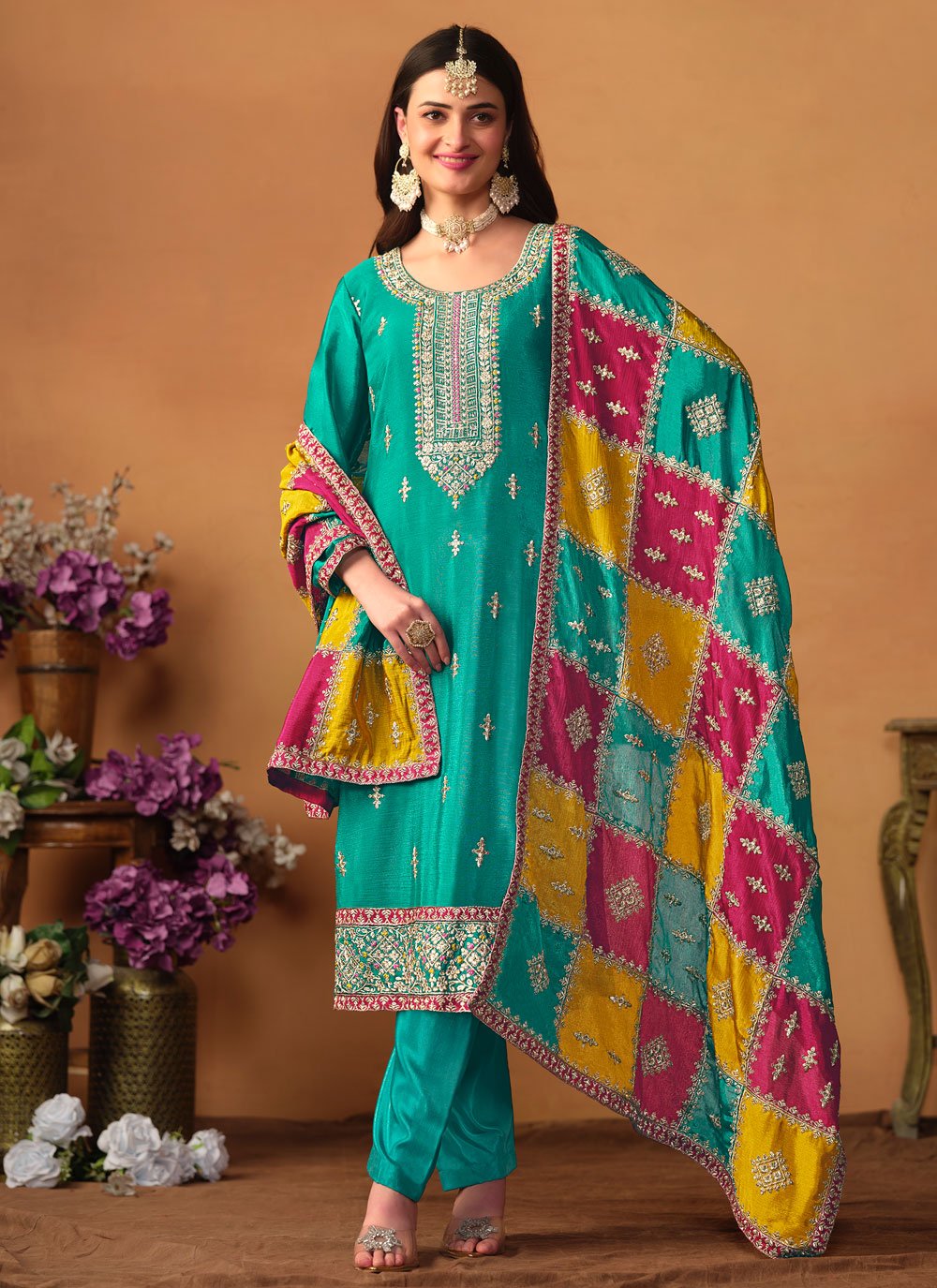 Turquoise Chinon Silk Embroidered Pakistani Plus Size Suit For Women