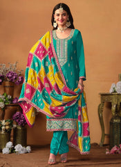 Turquoise Chinon Silk Embroidered Pakistani Plus Size Suit For Women
